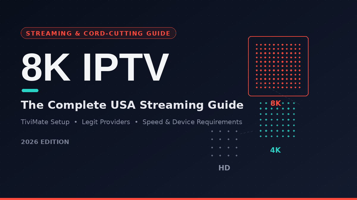 8K IPTV USA guide featured image showing HD to 4K to 8K resolution comparison with TiviMate setup